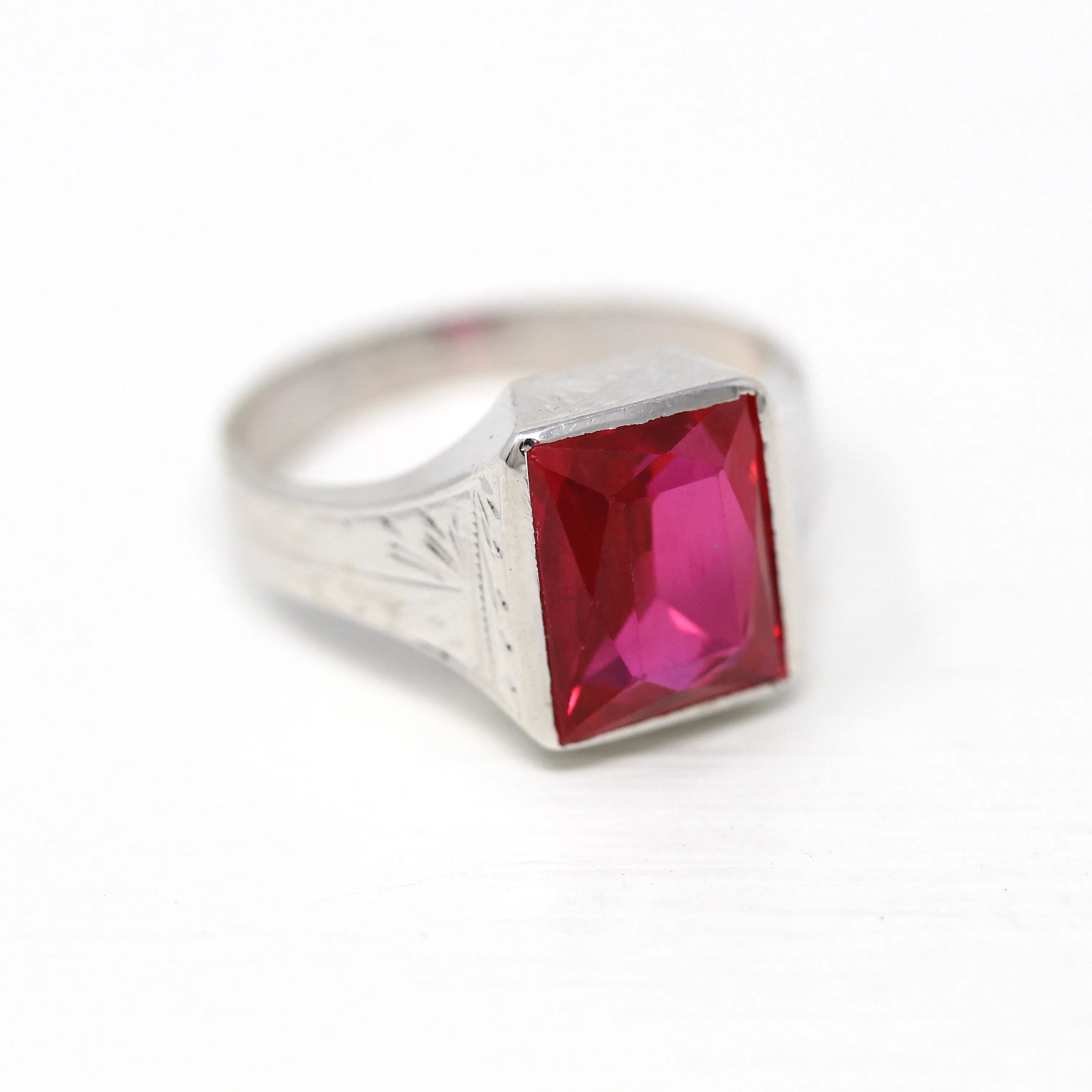 Sale - Created Ruby Ring - Art Deco 14k White Gold Rectangular Faceted 4.26 CT Pink Stone - Vintage 1930s Size 6 1/4 July Birthstone Jewelry