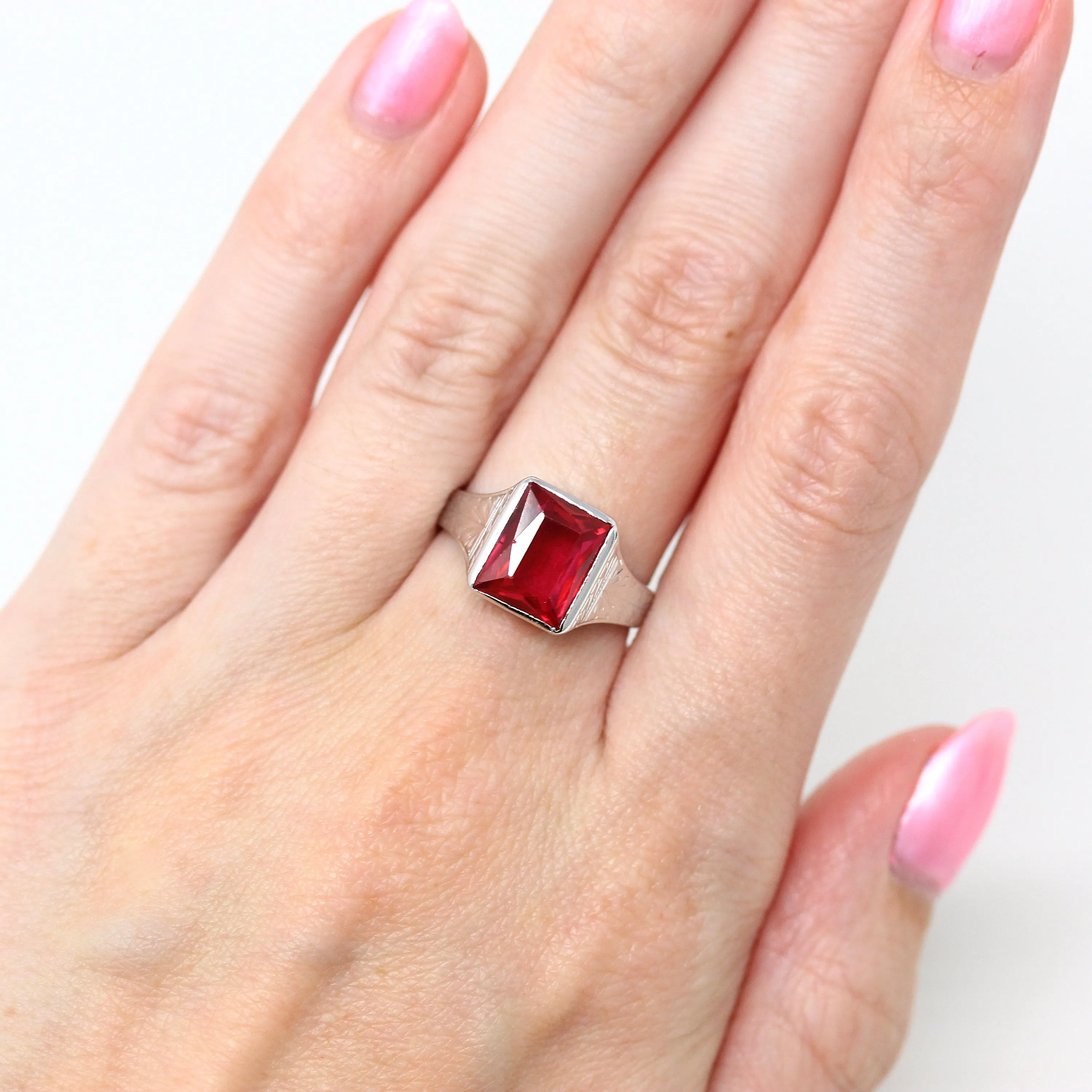 Sale - Created Ruby Ring - Art Deco 14k White Gold Rectangular Faceted 4.26 CT Pink Stone - Vintage 1930s Size 6 1/4 July Birthstone Jewelry