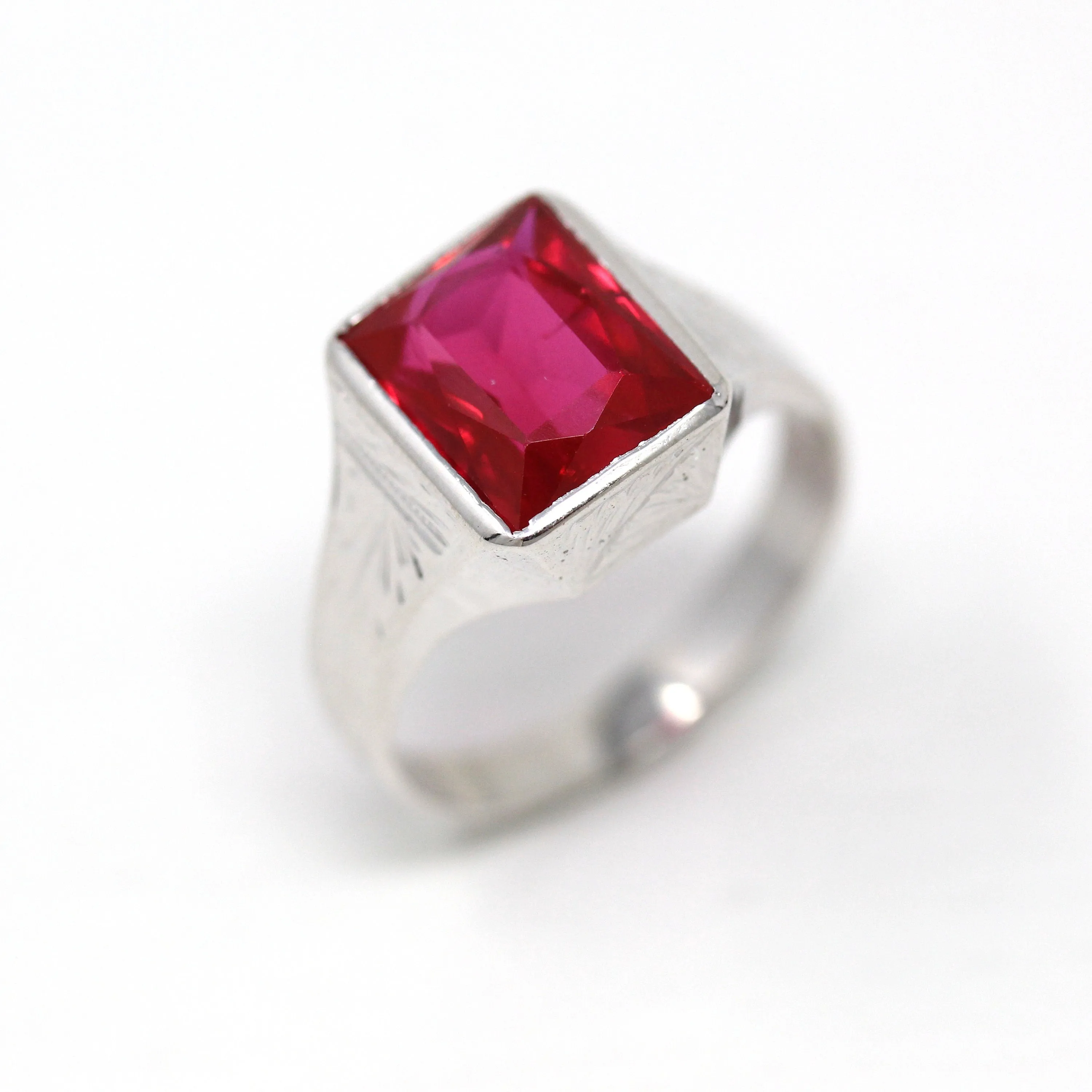 Sale - Created Ruby Ring - Art Deco 14k White Gold Rectangular Faceted 4.26 CT Pink Stone - Vintage 1930s Size 6 1/4 July Birthstone Jewelry