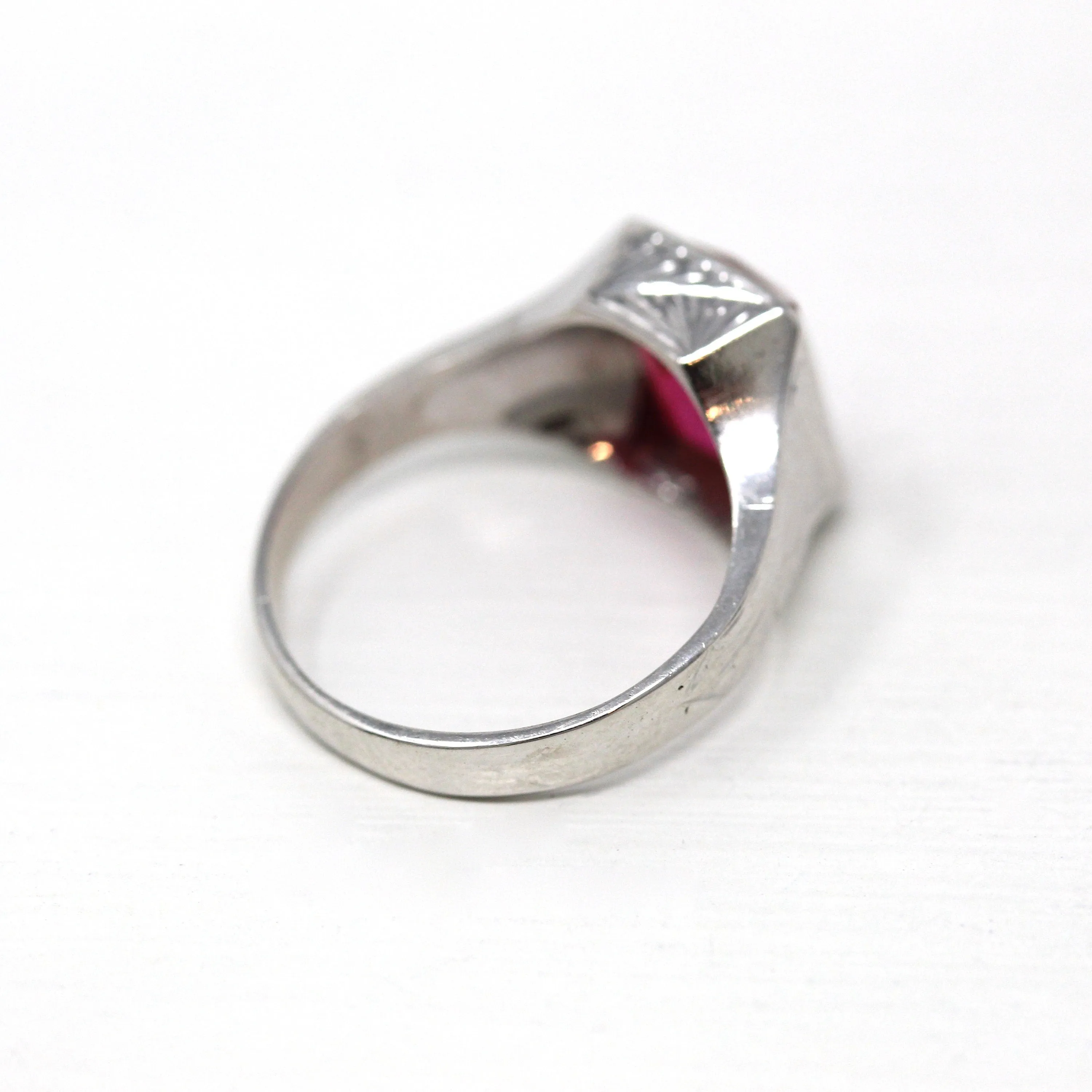Sale - Created Ruby Ring - Art Deco 14k White Gold Rectangular Faceted 4.26 CT Pink Stone - Vintage 1930s Size 6 1/4 July Birthstone Jewelry