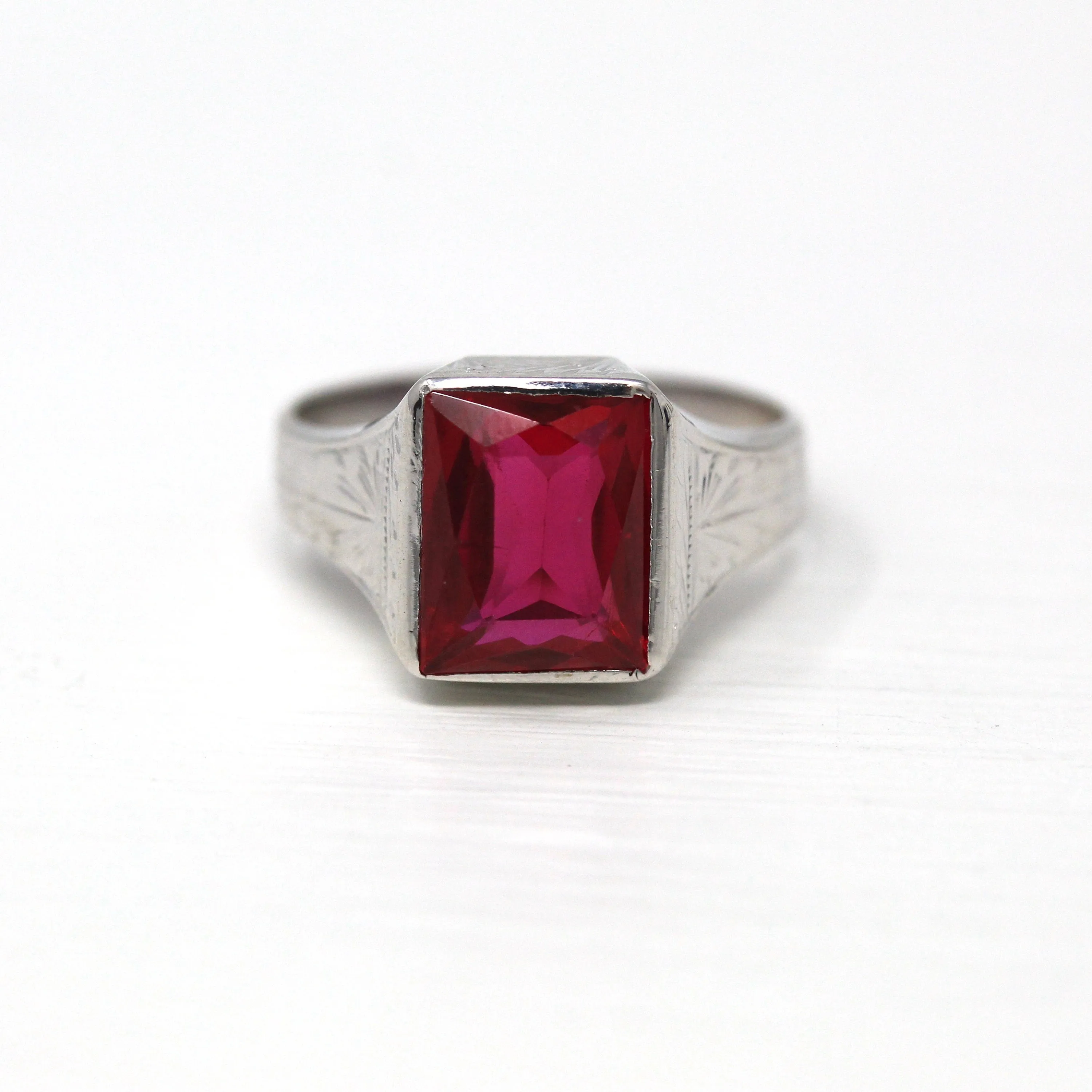 Sale - Created Ruby Ring - Art Deco 14k White Gold Rectangular Faceted 4.26 CT Pink Stone - Vintage 1930s Size 6 1/4 July Birthstone Jewelry