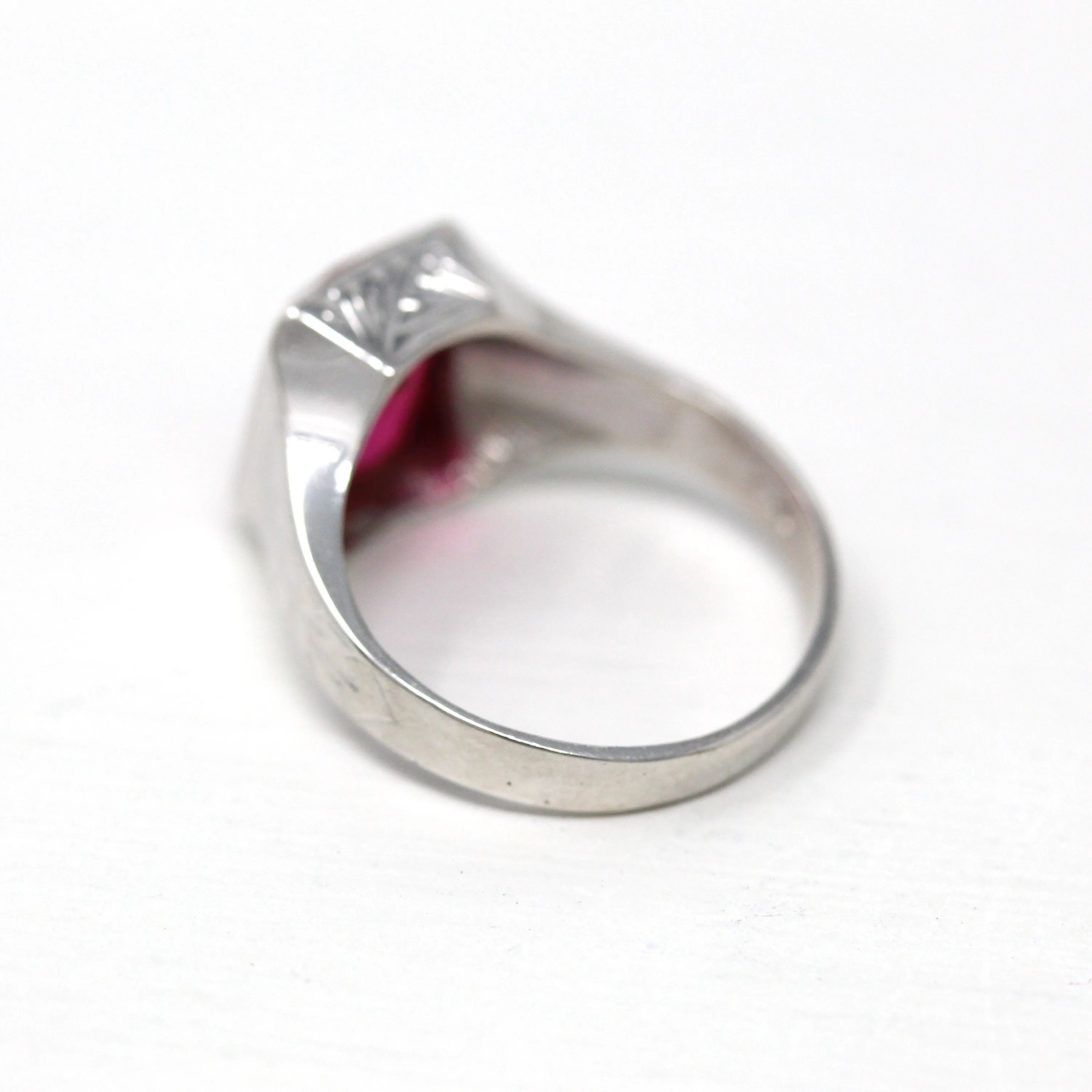 Sale - Created Ruby Ring - Art Deco 14k White Gold Rectangular Faceted 4.26 CT Pink Stone - Vintage 1930s Size 6 1/4 July Birthstone Jewelry
