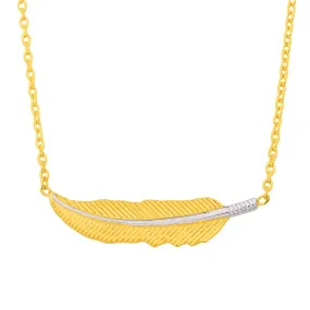Solid 14K Yellow Gold Sideways Feather Necklace
