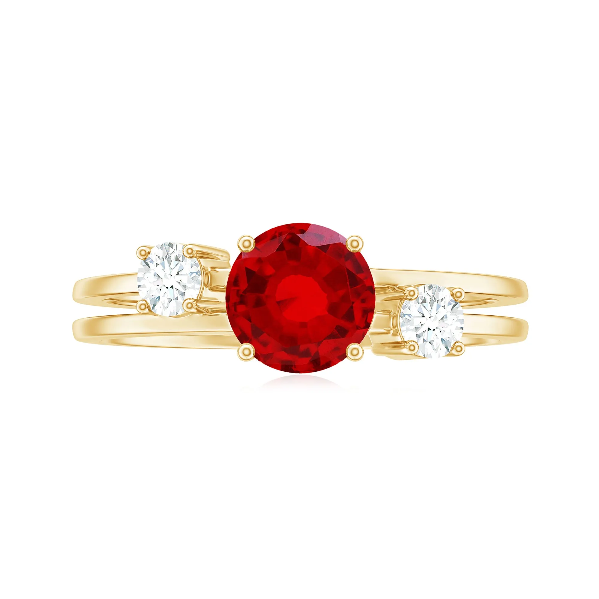 Solitaire Created Ruby Double Band Ring with Diamond