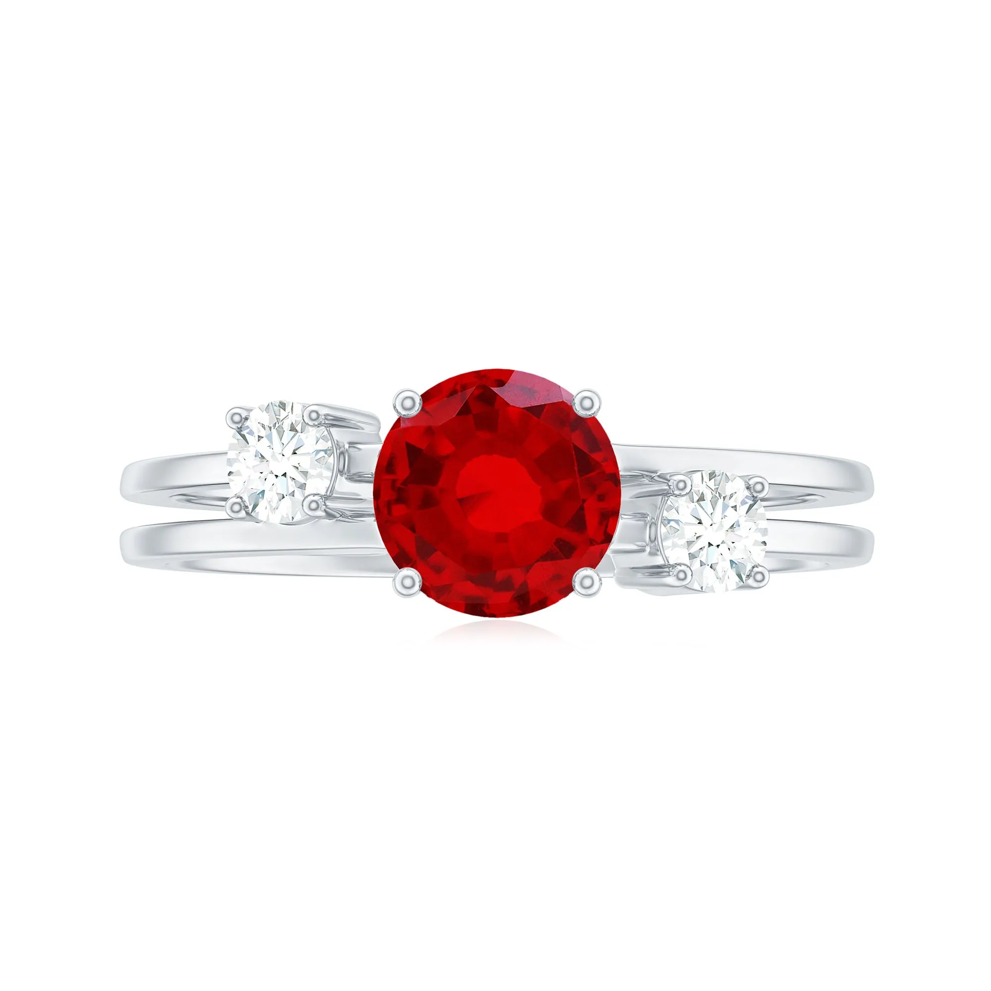 Solitaire Created Ruby Double Band Ring with Diamond