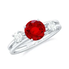 Solitaire Created Ruby Double Band Ring with Diamond