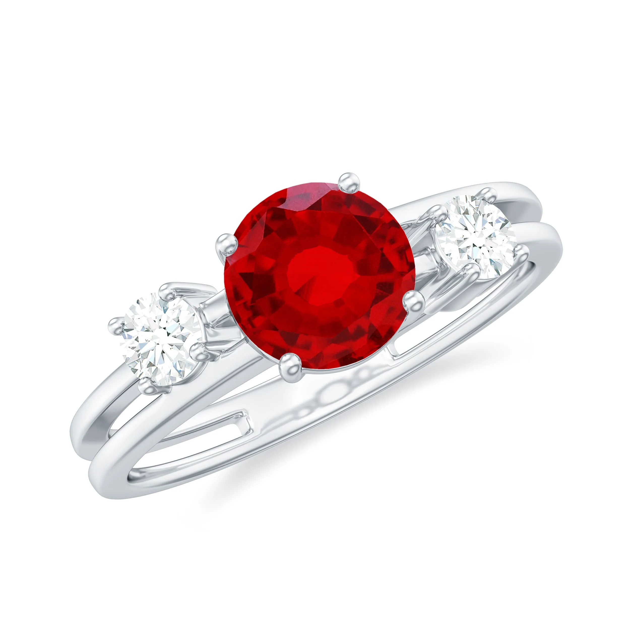 Solitaire Created Ruby Double Band Ring with Diamond