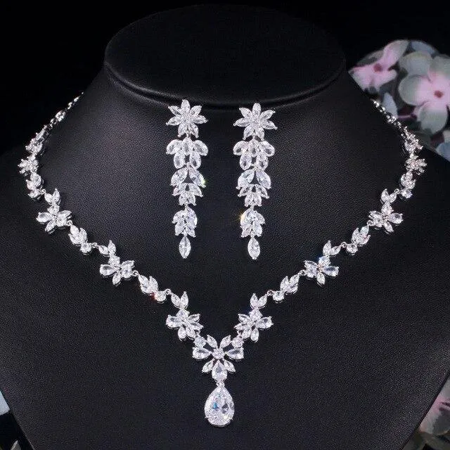 Sparkling Water Drop  AAA  Cubic Zirconia Diamonds Flower Necklace Earring Luxury Bridal Jewelry Set