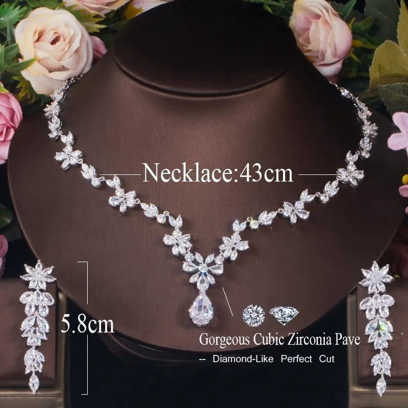 Sparkling Water Drop  AAA  Cubic Zirconia Diamonds Flower Necklace Earring Luxury Bridal Jewelry Set