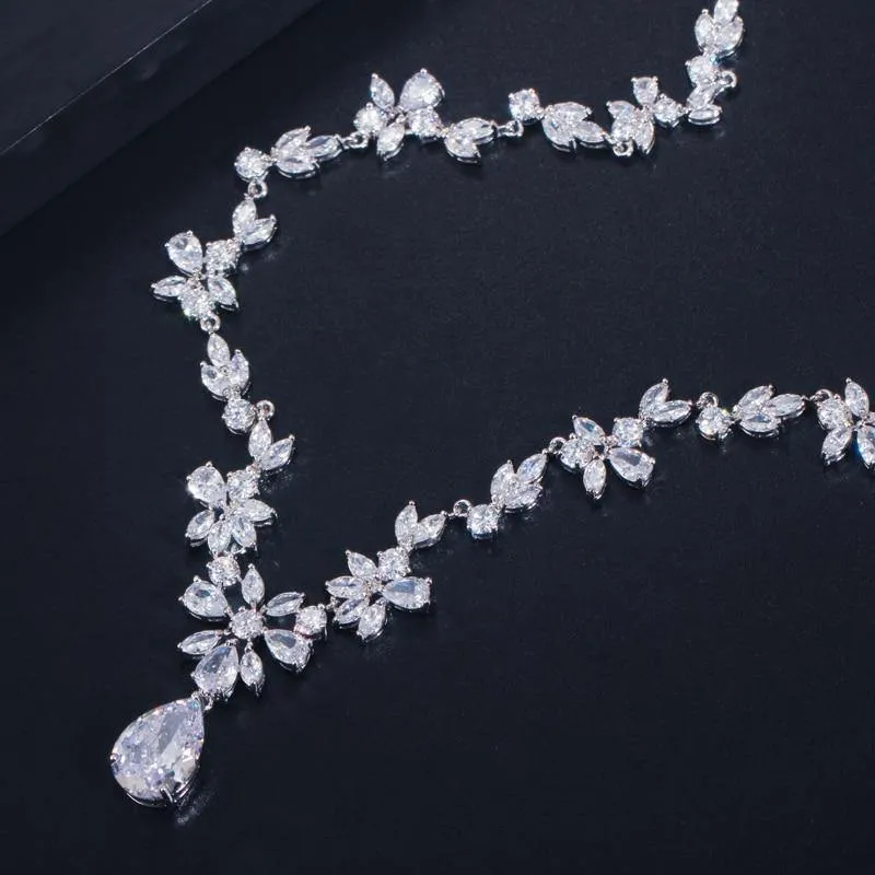 Sparkling Water Drop  AAA  Cubic Zirconia Diamonds Flower Necklace Earring Luxury Bridal Jewelry Set
