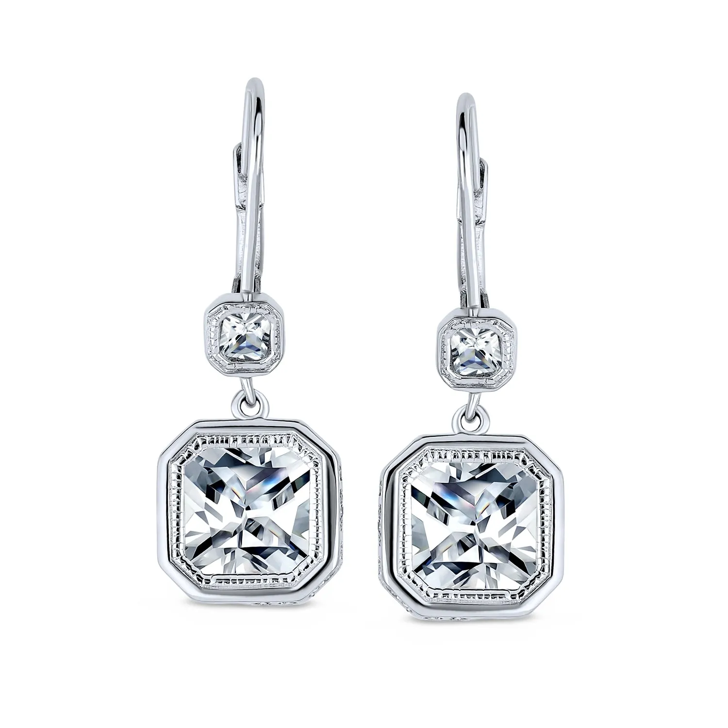 Square Radiant Cut Solitaire CZ Bezel Drop Earrings Sterling Silver