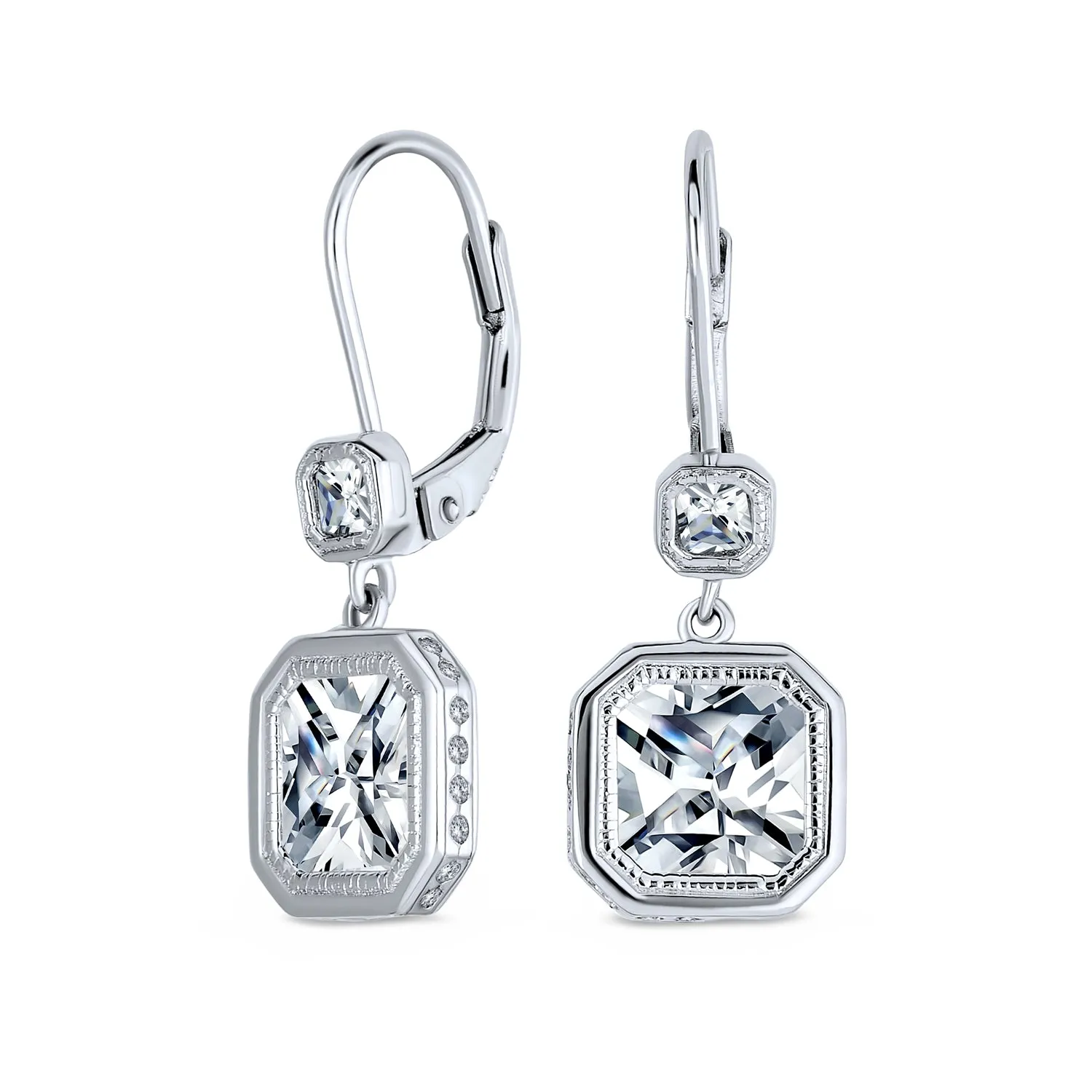 Square Radiant Cut Solitaire CZ Bezel Drop Earrings Sterling Silver
