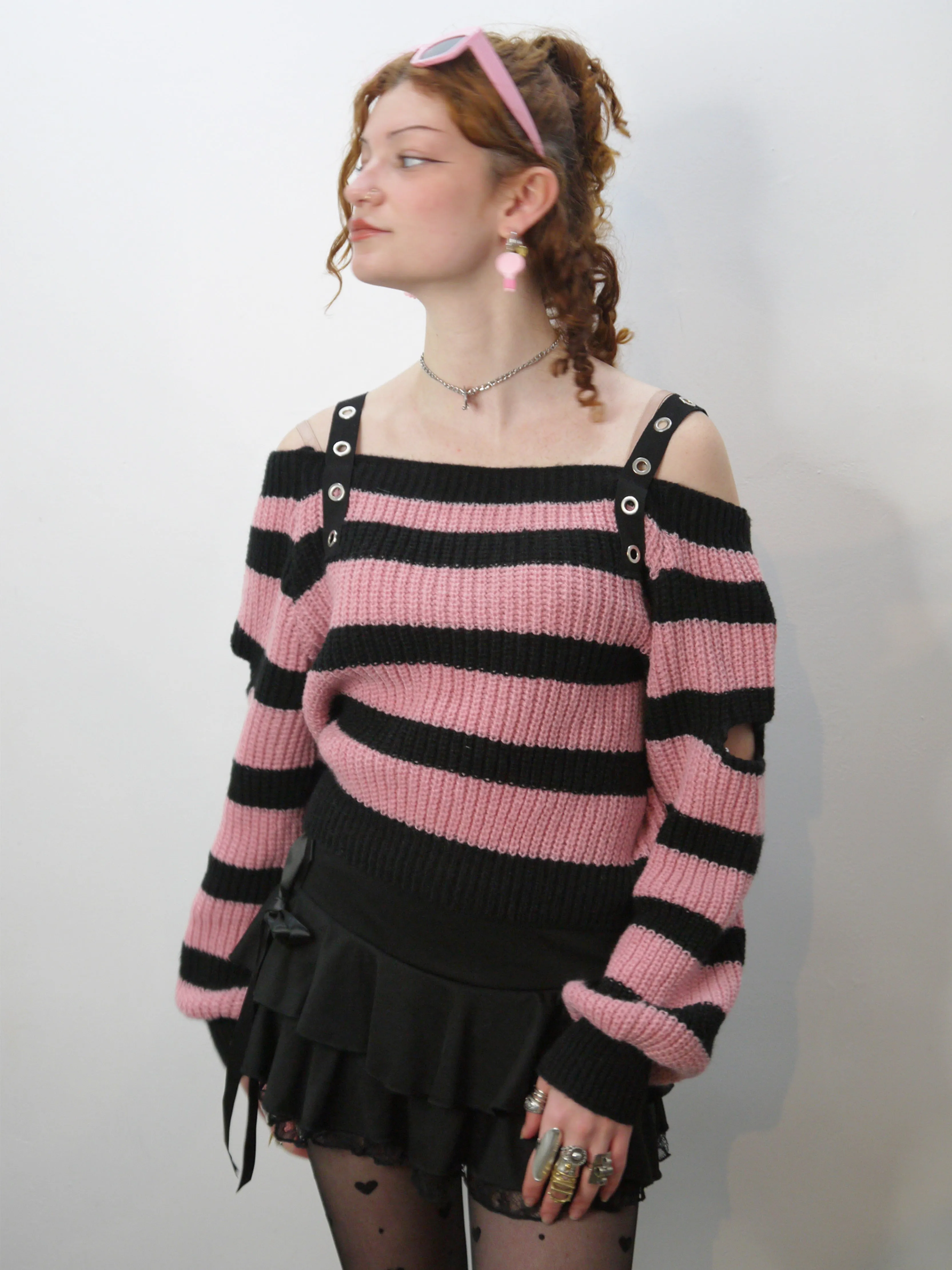 stripe embellished strap sweater