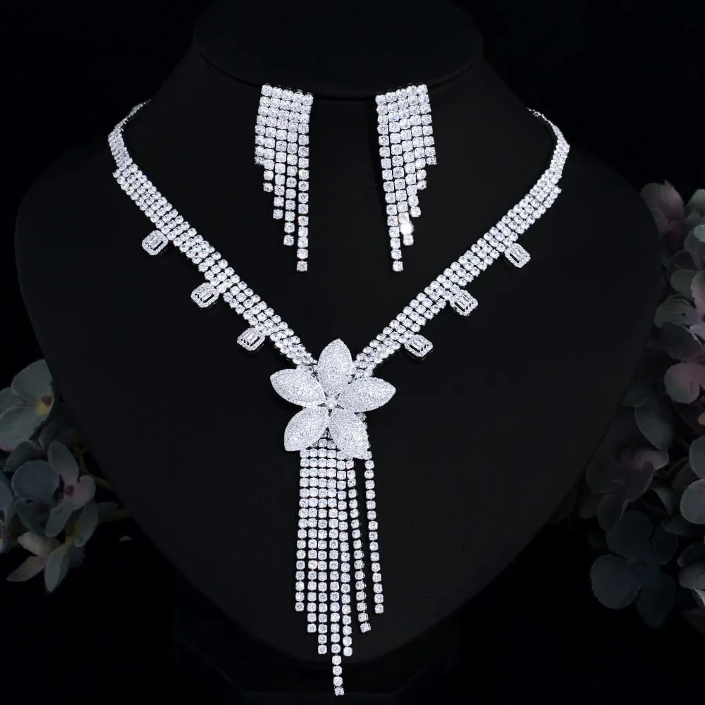 Super Luxury Shiny Cubic Zirconia Big Flower Dangle Tassel Party Necklace  Jewelry Set