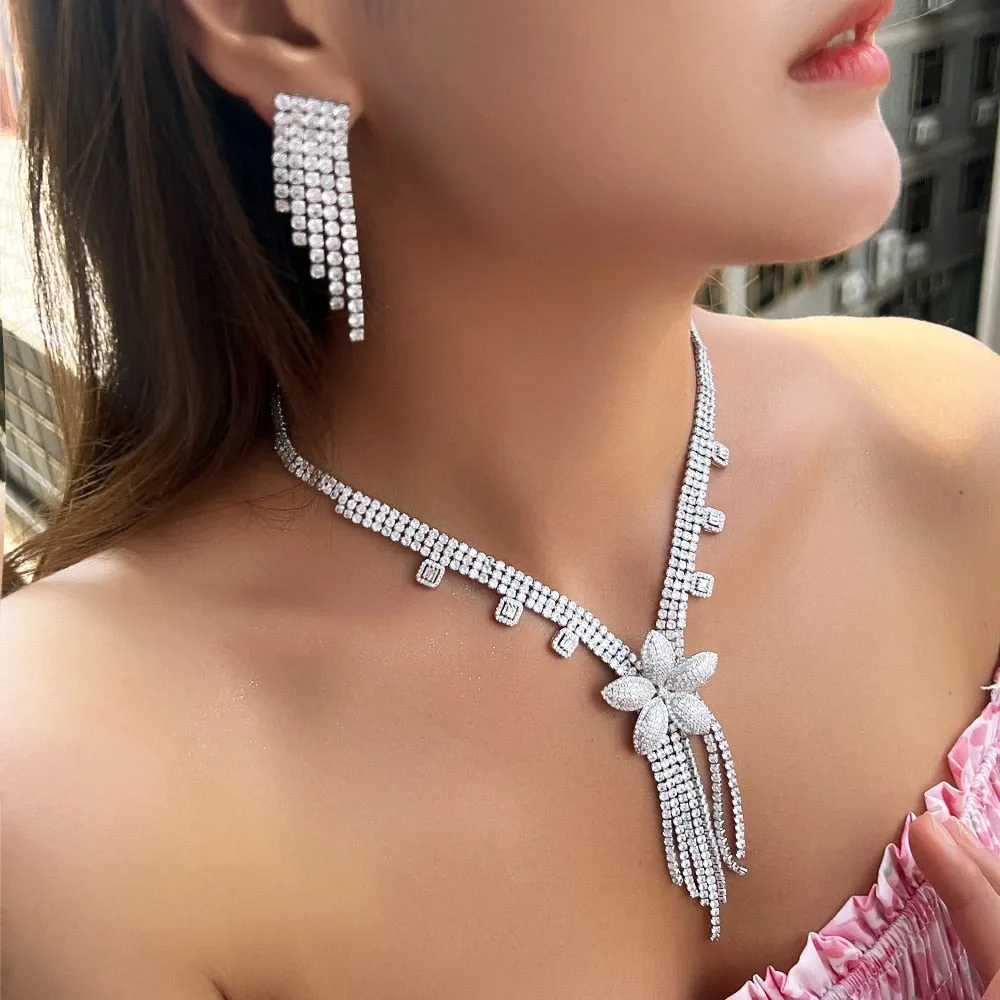 Super Luxury Shiny Cubic Zirconia Big Flower Dangle Tassel Party Necklace  Jewelry Set