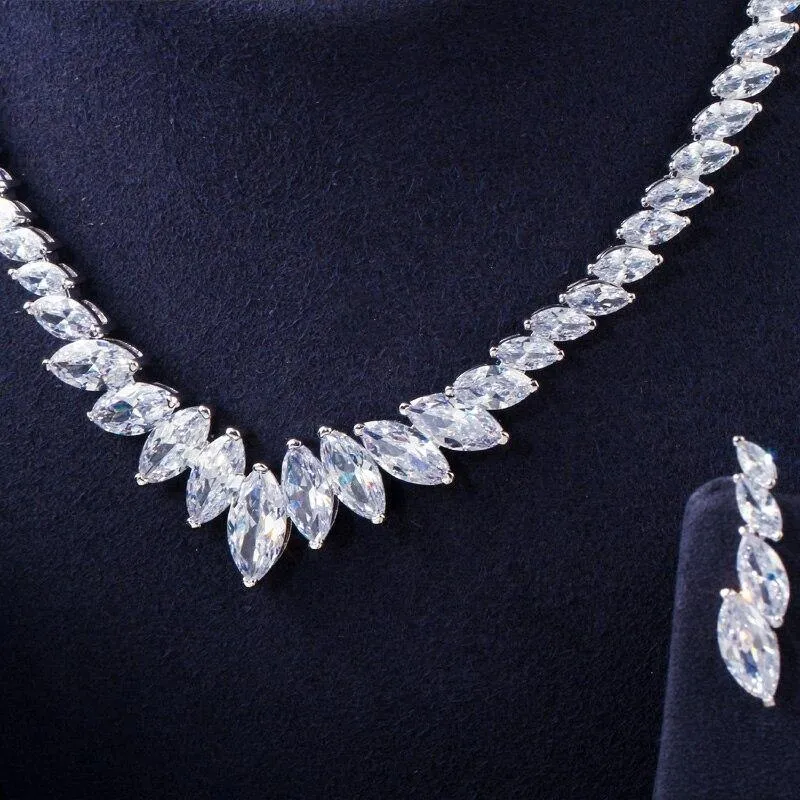 Top Quality Marquise Cut AAAA Cubic Zirconia Diamonds Wedding Necklace and Earrings Bridal Jewelry Set