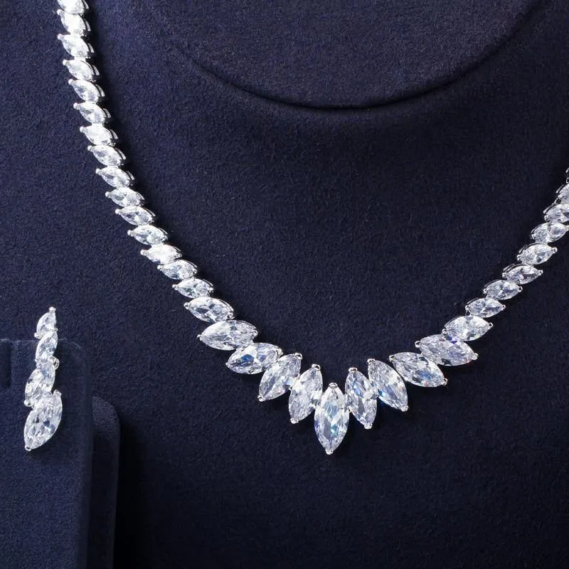 Top Quality Marquise Cut AAAA Cubic Zirconia Diamonds Wedding Necklace and Earrings Bridal Jewelry Set