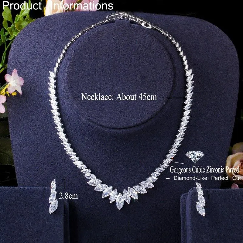 Top Quality Marquise Cut AAAA Cubic Zirconia Diamonds Wedding Necklace and Earrings Bridal Jewelry Set
