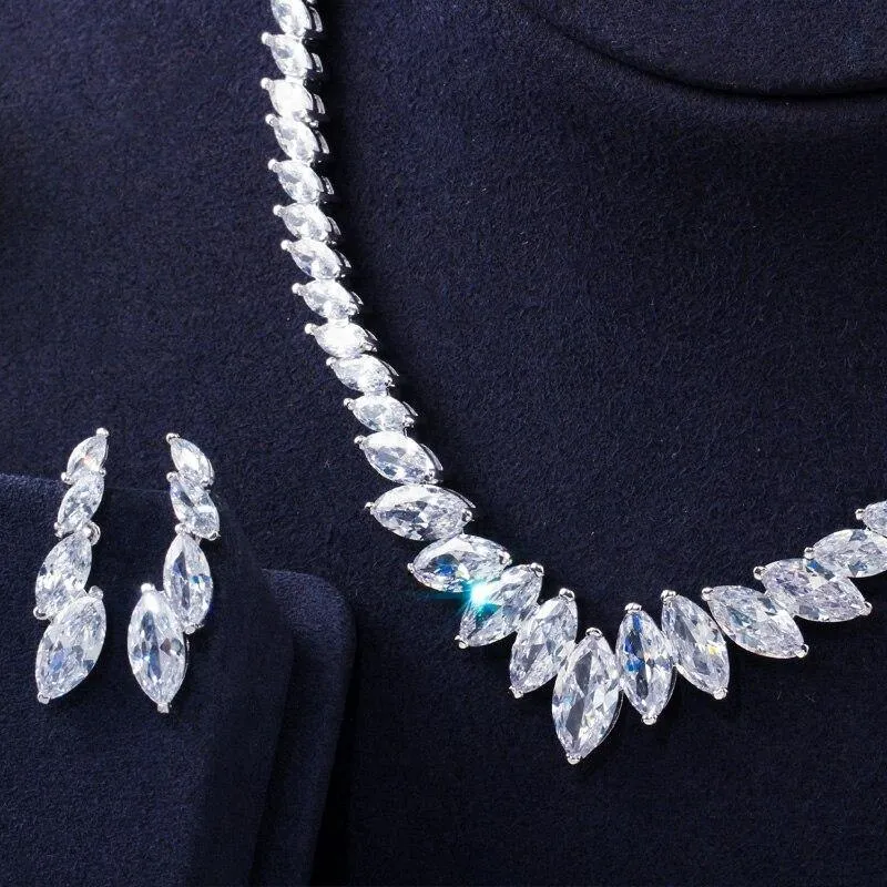 Top Quality Marquise Cut AAAA Cubic Zirconia Diamonds Wedding Necklace and Earrings Bridal Jewelry Set