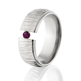 Tree Bark Ring, Ruby Tension Set, Titanium Ring
