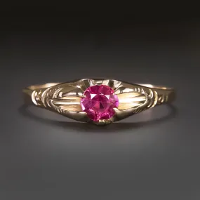 VINTAGE RUBY SOLITAIRE RING 10k YELLOW GOLD PINK RED BUTTERCUP COCKTAIL ROUND