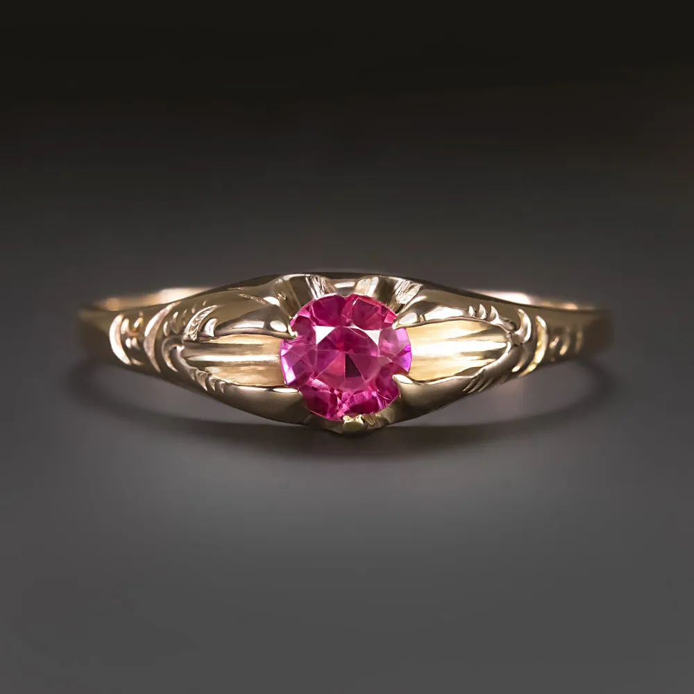 VINTAGE RUBY SOLITAIRE RING 10k YELLOW GOLD PINK RED BUTTERCUP COCKTAIL ROUND