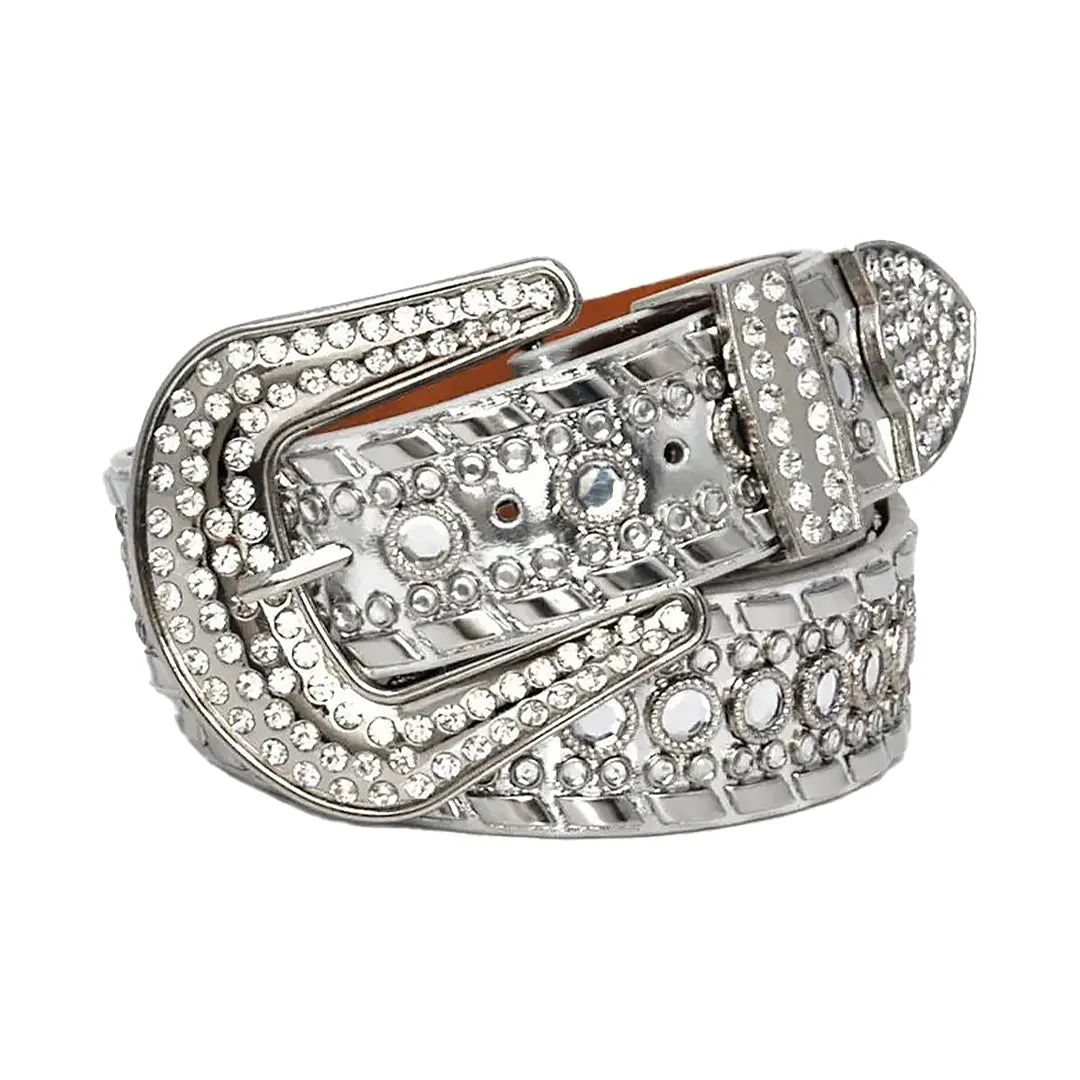 Western Cowboy Silver Strap With Crystal Studded Rhinestone Belt