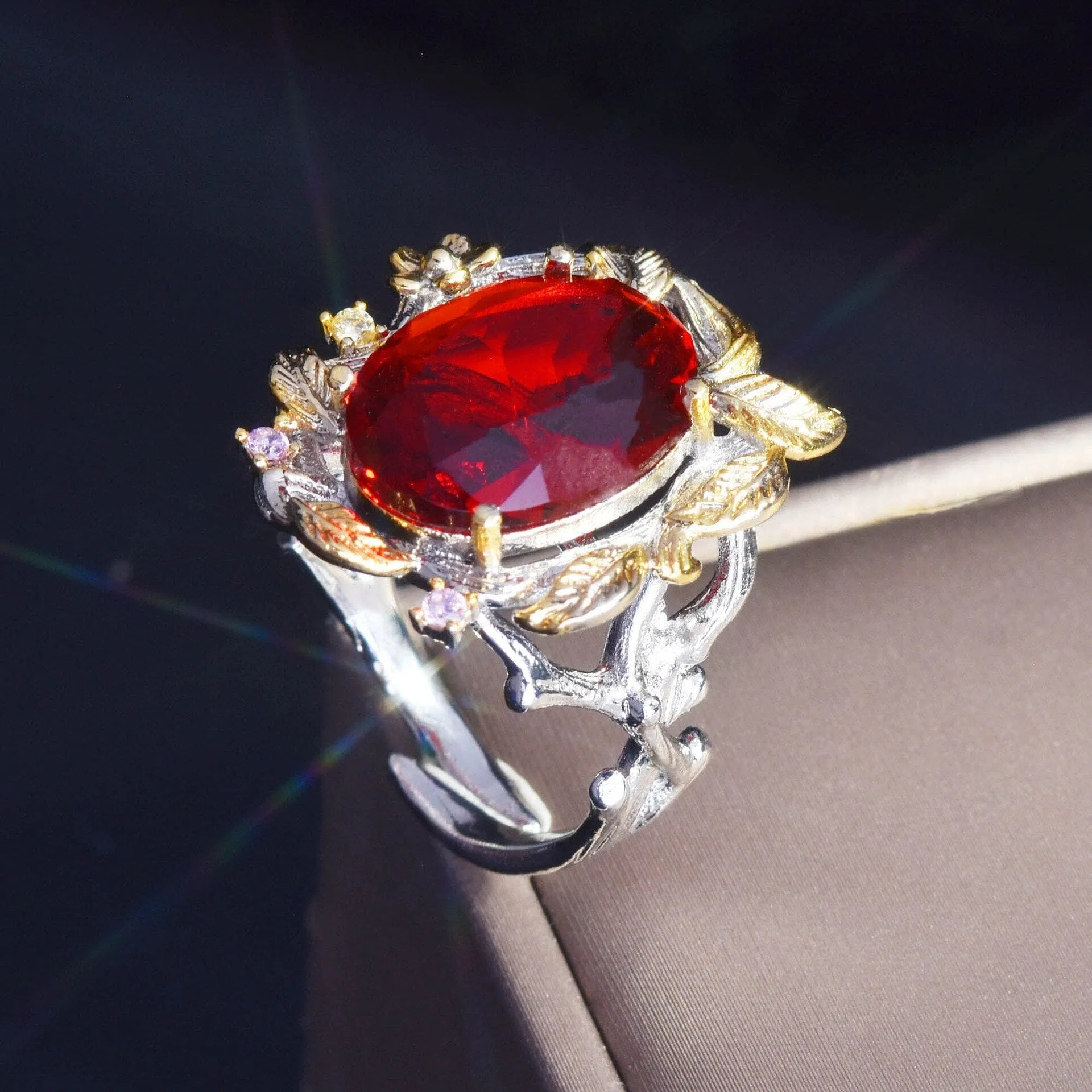 Wreath Leaves Ruby Silver Resizable Ring