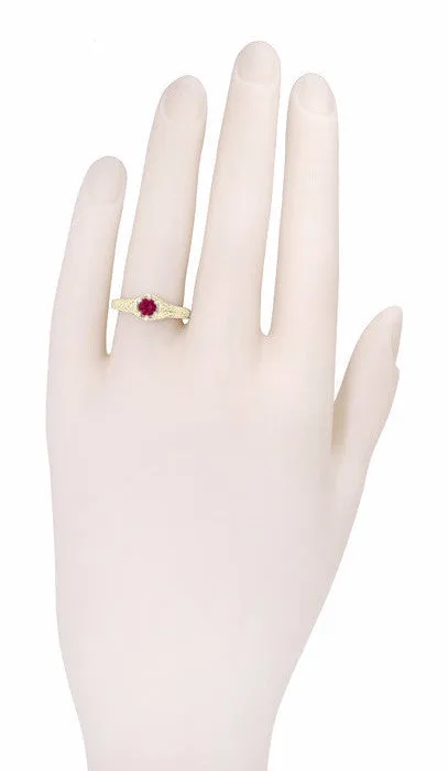Yellow Gold Art Deco Filigree Hexagon Ruby Engagement Ring with Side Diamonds
