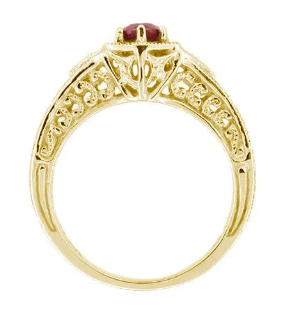 Yellow Gold Art Deco Filigree Hexagon Ruby Engagement Ring with Side Diamonds